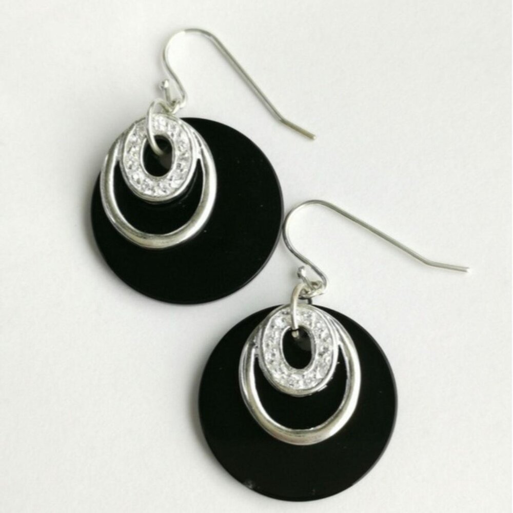 NEW sterling silver black onyx CZ dangle Hoop ...